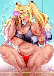  ahoge blonde_hair blush breasts erect_nipples exercise exposed_chest female_only femsub flexing glowing glowing_eyes haikawa_hemlen happy_trance heart heart_eyes hibiki_sakura how_heavy_are_the_dumbbells_you_lift? huge_breasts long_hair looking_at_viewer manip misterman4_(manipper) navel no_bra open_mouth pendulum spiral_eyes sports_briefs sportswear squatting sweat symbol_in_eyes tagme tan_skin tank_top twintails undressing weightlifting 