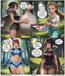 ai_art black_hair brown_hair devianbar dialogue jasmine large_breasts long_hair nintendo pokemon red_hair short_hair skyla team_hypno team_rocket text zinnia