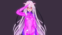  3d ahoge blush bodysuit control_indicator custom_maid_3d_2 dark_side_ruler drool empty_eyes femsub glowing hair_ornament heart latex long_hair looking_at_viewer purple_background red_eyes red_hair rubber saluting simple_background standing symbol tongue tongue_out twintails very_long_hair yabai_(dark_side_ruler) 