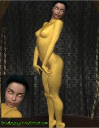 3d absurdres black_hair bottomless breasts creativeguy59 female_only gold nude original signature solo topless yellow_eyes