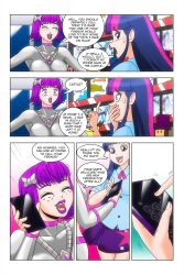  bow breasts cell_phone comic equestria_girls freckles kimberly_smith_(daveyboysmith9) large_breasts multicolored_hair my_little_pony original purple_eyes purple_hair purple_lipstick short_hair text twilight_sparkle wadevezecha western 