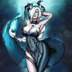 absurdres ahri_(league_of_legends) alternate_costume alternate_hair_color alternate_hairstyle arms_above_head aura body_markings breasts choker cleavage corruption expressionless eye_color_change facial_markings femsub flame glowing glowing_eyes green_eyes green_lipstick hair_color_change hair_covering_one_eye kitsune_girl large_breasts league_of_legends lipstick looking_at_viewer makeup maledom ponytail possession queen royalty ruination tail very_long_hair viego_(league_of_legends) ward_hop white_hair