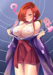  bare_shoulders bikini bikini_top breasts condom confused earrings exposed_chest femsub handcuffs hypnotic_accessory japanese_clothing kimono kotohime_(touhou) large_breasts ponytail pussy_juice red_eyes red_hair ribbon touhou undressing 