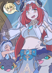 accidental_hypnosis aether_(genshin_impact) ahoge blonde_hair blue_eyes blush breasts closed_eyes clothed dancer dancing eye_color_change femsub genshin_impact hand_on_hip horns long_hair maledom midriff mualani_(genshin_impact) nail_polish navel nilou_(genshin_impact) orange_hair possession saurian_(genshin_impact) short_hair smile speech_bubble story sweat veil vel very_long_hair white_hair yellow_eyes