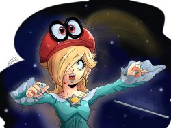 alternate_costume aura blonde_hair breasts cappy femsub hair_covering_one_eye hat hypnotic_clothing jmermelade living_costume maledom mario nail_polish nintendo open_mouth possession red_eyes shrunken_irises super_mario_bros. super_mario_galaxy super_mario_odyssey super_smash_bros. sweat tears