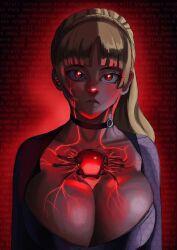  bangs blonde_hair bodysuit choker cleavage collarbone corruption expressionless female_only femsub foolycooly glowing glowing_eyes huge_breasts long_hair looking_at_viewer makoto_niijima p30 persona_(series) persona_5 ponytail red_background red_eyes resident_evil resident_evil_5 solo tech_control tied_hair tight_clothing veins 