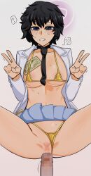  bikini_top black_hair blue_eyes blush censored confused double_v femsub maledom marnie_(meitantei_marnie) meitantei_marnie money nude penis pussy ryuugu short_hair simple_background spiral sweat trembling v white_background 