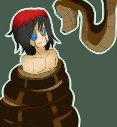 billcipherspuppet black_hair coils disney happy_trance hypnotic_eyes jack_(hypno_jack) kaa kaa_eyes male_only maledom malesub multicolored_hair original red_hair scars simple_background smile snake tail the_jungle_book topless
