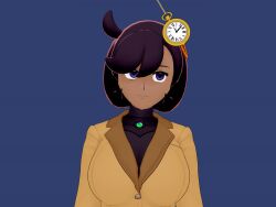  3d animated black_hair clothed emma_(pokemon) female_only femsub hair_ornament koikatsu! lunastra pocket_watch pokemon pokemon_legends_z-a short_hair smile spiral_eyes spiralwash_eyes video 