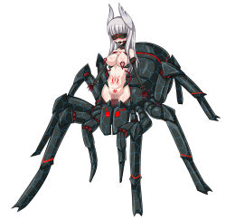  ball_gag blindfold blush bondage breasts cables censored claws collar crotch_tattoo cyber drool female_only femsub gloves heidemarie_w._schnaufer large_breasts long_hair navel neuroization nipple_piercing opera_gloves piercing sex silver_hair simple_background solo spider straight-cut_bangs strike_witches tech_control vaginal 
