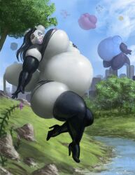  ass ass_expansion black_hair breast_expansion breasts dragon_girl floating furry gloves huge_ass huge_breasts inflatable inflation lizard_girl nightmare_fuel opera_gloves original pink_eyes taranima thigh_boots torn_clothes transformation 