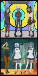 absurdres alternate_costume alternate_hairstyle bare_shoulders before_and_after black_hair blue_skin bodysuit breasts bunny_girl chair cleavage clothed complex_background costume dazed dress elf_ears elta_delta facial_markings female_only femsub fingerless_gloves fishnets gloves goggles goggles_on_head green_skin grey_hair grey_skin happy_trance harem heart heart_hands heart_tattoo horns hypno_ninja hypnotic_screen kaa_eyes kaisume_(frostnova5) looking_at_viewer maid multiple_girls multiple_subs oni_girl open_mouth orc orc_girl original pants ponytail resisting saluting shard_(klsdfhofgboeiygrtior) shirt shoes smile standing standing_at_attention table tattoo thighhighs thighs tight_clothing white_hair