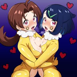 ahoge alternate_costume black_hair blush bodysuit breast_press breasts brown_hair collarbone delia_ketchum female_only femsub hair_clips hair_ornament heart hug hypno hypno_outfit large_breasts liko_(pokemon) long_hair looking_at_viewer milf multicolored_hair multiple_girls multiple_subs nintendo open_mouth pink_eyes pokemon pokemon_(anime) ponytail short_hair small_breasts spit_trail symmetrical_docking tongue tongue_out yuri