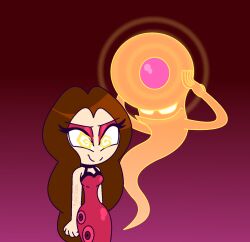  androgynous_dom arms_behind_back brown_hair choker cleavage dress eyelashes eyeshadow femsub floating ghost glowing_eyes gradient_background hand_on_head happy_trance hourglass_figure hypnoscream hypnotic_orb large_head long_hair luigi's_mansion nintendo orb pauline poltergeist_(luigi's_mansion) psychic red_background simple_background smile smug spiral_eyes standing super_mario_bros. whitewash_eyes wide_hips yellow_eyes 