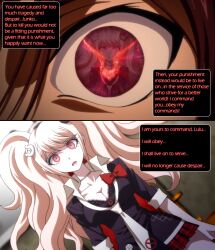 aliensdideverything_(manipper) blonde_hair breasts code_geass crossover dangan_ronpa femsub geass junko_enoshima large_breasts lelouch_lamperouge long_hair maledom manip open_mouth text