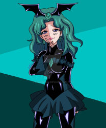 blue_eyes blush corruption ereldraw green_hair latex long_hair precure sailor_moon_(series) sailor_neptune simple_background skirt wings