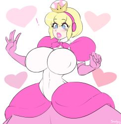 aegis_(persona) bimbofication blonde_hair breast_expansion breasts crown dress empty_eyes female_only femsub huge_breasts jewelry large_lips new_super_mario_bros._u_deluxe nintendo open_mouth persona_(series) persona_3 princess robot sealguy short_hair super_crown super_mario_bros. transformation