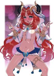  arm_warmers blue_eyes blush breasts circlet cleavage confused double_v female_only femsub genshin_impact h7u7 jewelry nail_polish navel nilou_(genshin_impact) no_panties red_hair solo spread_legs standing twintails v 