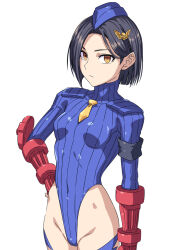  arm_bands black_hair bracers breasts brown_eyes clothed corruption enemy_conversion female_only femsub fingerless_gloves gloves hai_(h81908190) hair_ornament hairpin hand_on_hip hat leotard looking_at_viewer military_hat rinwell_(tales_of_arise) shadaloo_dolls short_hair small_breasts solo standing tales_of_(series) tales_of_arise tie 