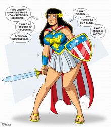  black_hair breasts cape clothed columbia_(maggotmike) dialogue english_text feet female_only femsub long_hair original polmanning sandals shield signature simple_background skirt solo speech_bubble spiral spiral_eyes spiralwash_eyes super_hero sword text weapon white_background 
