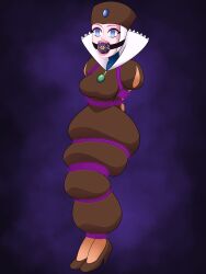  absurdres arms_behind_back ball_gag bearbuckscoffee blue_eyes bondage breasts collar dress empty_eyes eyeshadow female_only femsub hat high_heels light_skin nintendo nun nurse_joy pokemon pokemon:_the_first_movie_-_mewtwo_strikes_back pokemon_(anime) purple_background solo 