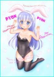  absurdres bare_shoulders blue_eyes blue_hair breasts bunny_ears bunny_girl bunnysuit caption cat_pose chino_kafuu cleavage expressionless fake_animal_ears fake_tail female_only femdom femsub glowing glowing_eyes hair_ornament ink_nijihara is_the_order_a_rabbit? kneeling long_hair manip open_mouth pantyhose pet_play rize_(manipper) spiral_eyes symbol_in_eyes tail text very_long_hair yuri 