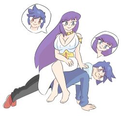 absurdres alternate_costume bare_shoulders barefoot blue_eyes blush body_swap breasts cleavage crossed_legs donnothing23 exercise feet femsub goddess heterosexual hoodie human_furniture large_breasts legs maledom original pants possession purple_hair red_eyes saint_seiya saori_kido shochi_(donnothing23) shoes simple_background sitting unusual_pupils very_long_hair white_background 