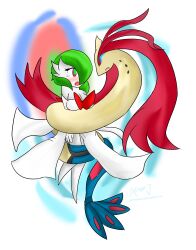  absurdres animals_only blush breasts coils female_only femdom gardevoir glowing glowing_eyes green_hair hypnotic_eyes large_breasts milotic nintendo open_mouth pokemon pokemon_(creature) resisting short_hair snake symbol_in_eyes tears xero-j 
