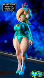 3d antenna bare_legs blender crown dialogue earrings expressionless female_only fembot femsub glowing_eyes green_eyes hair_covering_one_eye headphones high_heels leotard nintendo princess_rosalina signature solo speech_bubble spiralwash_eyes standing standing_at_attention super_mario_bros. super_mario_galaxy supercasket tech_control text