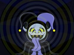 blue_skin blush deltarune fangs hat horns jevil kaa_eyes long_tongue male_only malesub open_mouth pov pov_dom ring_eyes smile sweat tongue tongue_out