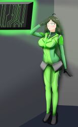  ahoge black_hair blush bodysuit breasts business_suit dazed female_only femsub gloves green_eyes high_heels hypnotic_screen large_breasts lipstick long_hair original saluting shrunken_irises skirt soex solo standing standing_at_attention suit tech_control tie 