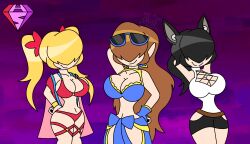  alternate_costume alternate_hairstyle arms_above_head bare_shoulders beatrix_(granblue_fantasy) bikini bikini_bottom bikini_top black_hair blonde_hair breasts brown_hair cleavage cygames femsub glasses_on_head granblue_fantasy hair_covering_both_eyes happy_trance hypnoscream ilsa king_of_fighters large_breasts long_hair midriff multiple_girls multiple_subs navel posing shermie_(kof) smile sunglasses swimsuit twinning very_long_hair zeta_(granblue_fantasy) 