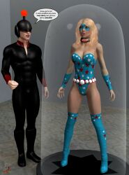  3d antenna bare_shoulders belt blonde_hair blue_eyes bodysuit boots bracers breasts cleavage collar dazed dialogue expressionless eye_mask femsub helmet joystick_(ladytania) lady_liberty_(ladytania) ladytania leotard long_hair maledom mask nail_polish open_mouth original speech_bubble stasis_tank super_hero tech_control text thigh_boots thighhighs watermark 