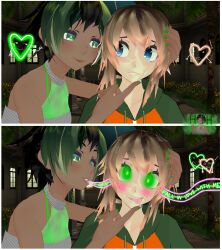 3d blush chin_hold comic drool female_only femdom femsub green_eyes green_hair happy_trance helenakaalover hypnotic_audio hypnotic_music hypnotic_voice open_mouth original pink_hair short_hair smile text tongue tongue_out yuri