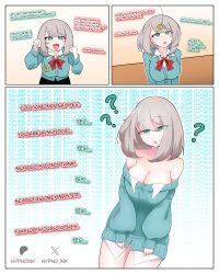  absurdres breasts cleavage coin comic confused consensual dialogue empty_eyes eyebrows_visible_through_hair femsub gradient_background green_eyes grey_hair hypnoink large_breasts magical_sempai maledom mantra open_mouth pendulum sempai_(magical_sempai) signature simple_background smile sweater thighs 