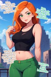 ai_art black_lipstick bodysuit breast_expansion breasts female_only femsub green_eyes kekko_(generator) kim_possible kim_possible_(series) latex makeup orange_hair pink_eyes short_hair smile text