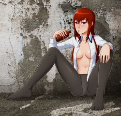  blush breasts cameltoe clothed_exposure dazed drool empty_eyes expressionless feet female_only femsub kurisu_makise legs long_hair looking_at_viewer oo_sebastian_oo open_clothes open_mouth panties pantyhose purple_eyes red_hair sitting small_breasts spread_legs steins;gate underwear 