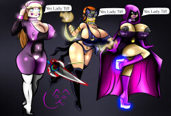 ben_10 blonde_hair bodysuit boots breasts cleavage clitoris_piercing clothed_exposure collar corruption dc_comics disney erect_nipples female_only femsub gwen_tennyson high_heels horns huge_breasts large_lips lipstick magic nipple_piercing piercing pubic_hair raven red_hair saluting standing standing_at_attention star_butterfly star_vs_the_forces_of_evil super_hero teen_titans thigh_boots thong topless valentine_(artist)