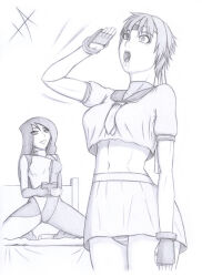 bed capcom clothed crossover disney drool empty_eyes female_only femdom femsub greyscale iashmoreart kim_possible_(series) kneeling long_hair microchip midriff navel open_mouth sakura_kasugano saluting school_uniform shego short_hair signature smile street_fighter tech_control upskirt
