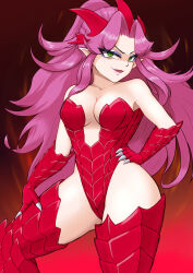 alternate_form angela_(mana) bare_shoulders breasts claws cleavage corruption dragon_girl dragon_lord evil_smile eyeshadow femsub fusion green_eyes hand_on_hip happy_trance horns large_breasts long_hair looking_at_viewer makeup maledom possession purple_hair scales slit_pupils smile square_enix thighhighs thighs trials_of_mana yamimochi