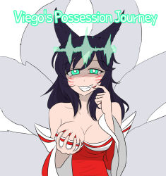 ahri_(league_of_legends) bare_shoulders black_hair blush breast_fondling breast_grab breasts cleavage control_indicator english_text femsub green_eyes hand_on_head happy_trance holding_breasts kitsune_girl league_of_legends long_hair looking_at_viewer maledom nail_polish possession ruination smile tail text vel viego_(league_of_legends) white_background