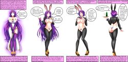  absurdres ass blush bottomless bow_tie breasts bunny_ears bunny_girl bunnysuit clothed_exposure collar comic crotch_tattoo crown cuffs dress female_only femdom femsub gloves hawkeye_(writer) high_heels jewelry large_breasts looking_at_viewer male_pov open_mouth opera_gloves original pov pov_sub purple_hair pussy queen_lindabelle_(hawkeye) reverse_bunnysuit royalty short_hair smile submissive_hypnotist tattoo text thighhighs topless tray trw18 very_long_hair waitress yellow_eyes 