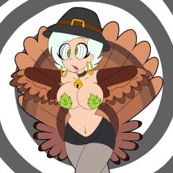 absurdres bell bell_collar breasts chicken_pose collar costume earrings female_only femsub gloves hat open_mouth opera_gloves pasties pet_play short_hair solo spiral_background spiral_eyes spiralwash_eyes symbol_in_eyes thanksgiving turkey_girl white_hair zombi62