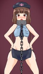  altered_common_sense blush breasts brown_eyes brown_hair chains collar crop_top empty_eyes femsub hat iino_miko kaguya-sama_love_is_war long_hair looking_at_viewer maledom midriff miniskirt open_mouth police_uniform policewoman siasia small_breasts unaware 