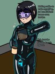  aware black_hair bodysuit bottle bulge clothed drinking drone english_text eyebrows_visible_through_hair female_only femsub glowing green_background grey_eyes happy_trance iris_azure latex null_bulge original self_hypnosis short_hair solo spiral standing table tech_control text tight_clothing trance_delightful visor 