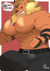 bulge digimon drool furry hypnotic_accessory leomon lion_boy male_only maledom malesub muscle_boy red_eyes takezamurai text topless