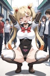    ai_art arms_above_head blonde_hair bow bow_tie cameltoe choker crotch_tattoo drool earrings femsub gloves hair_ornament happy_trance heart iarebon_(generator) large_breasts leotard looking_at_viewer magical_girl multiple_boys opera_gloves original pussy_juice shoes socks spread_legs squatting tattoo thighhighs tongue tongue_out twintails 