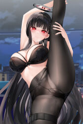  alternate_costume armpits arms_above_head ass bangs belt black_hair blue_archive blush bra breasts embarrassed expressionless femsub glowing glowing_eyes halo large_breasts long_hair mvv navel panties pantyhose red_eyes rio_(blue_archive) see-through standing standing_split straight-cut_bangs tomboy unaware underwear very_long_hair 
