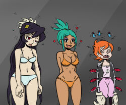 arms_behind_back black_hair blue_hair bra breasts cerebella_(skullgirls) dazed drool empty_eyes erect_nipples expressionless female_only femsub filia_(skullgirls) flat_chest gloves happy_trance heart large_breasts monster_girl multiple_eyes multiple_girls open_mouth panties peacock_(skullgirls) ponytail prosthetic_limb psi pussy_juice red_eyes red_hair short_hair skullgirls spiral spiral_eyes standing standing_at_attention symbol_in_eyes tattoo underwear very_long_hair