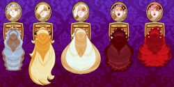  blonde_hair blue_hair brown_hair captain_syrup cynthia earrings eyeshadow female_only femsub hair_covering_one_eye hair_ornament happy_trance human_furniture karen_(pokemon) lipstick long_hair maggotmike melony_(pokemon) milf nintendo pauline pokemon red_hair super_mario_bros. very_long_hair wario_land 